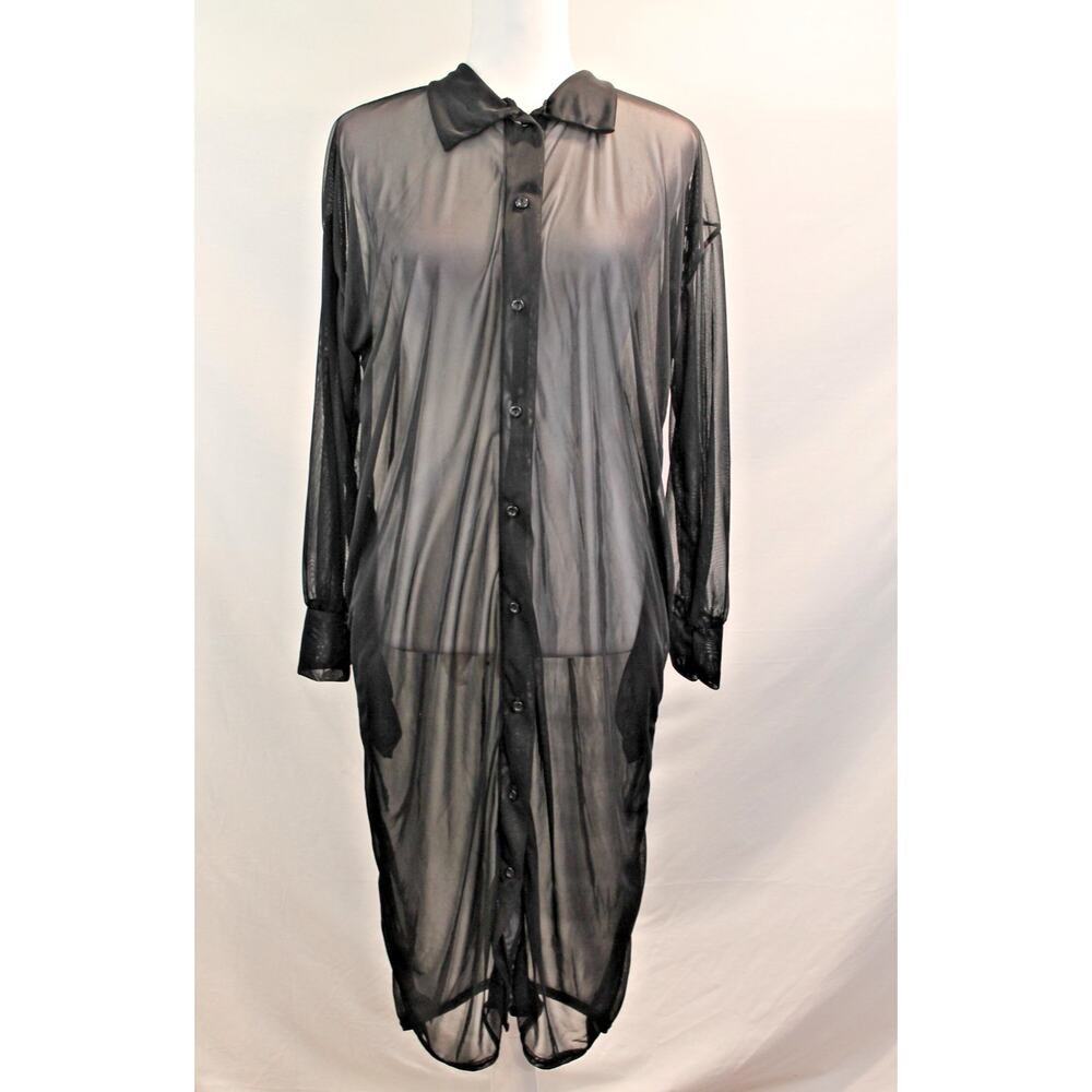 Pretty Little Thing Sheer Mesh Shirt Dress Womens size 6 Black Button Up Midi
